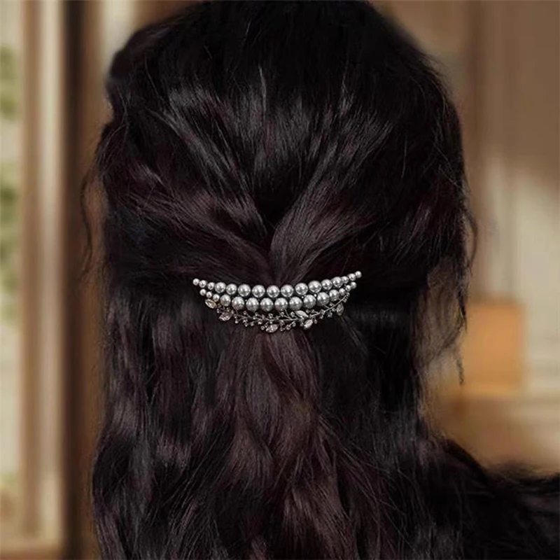 French Exquisite Pearl Crystal Crescent Hair Clip Spring Clip Back of Head Half-tied Hair Clip High-end Elegent Women's Headgear