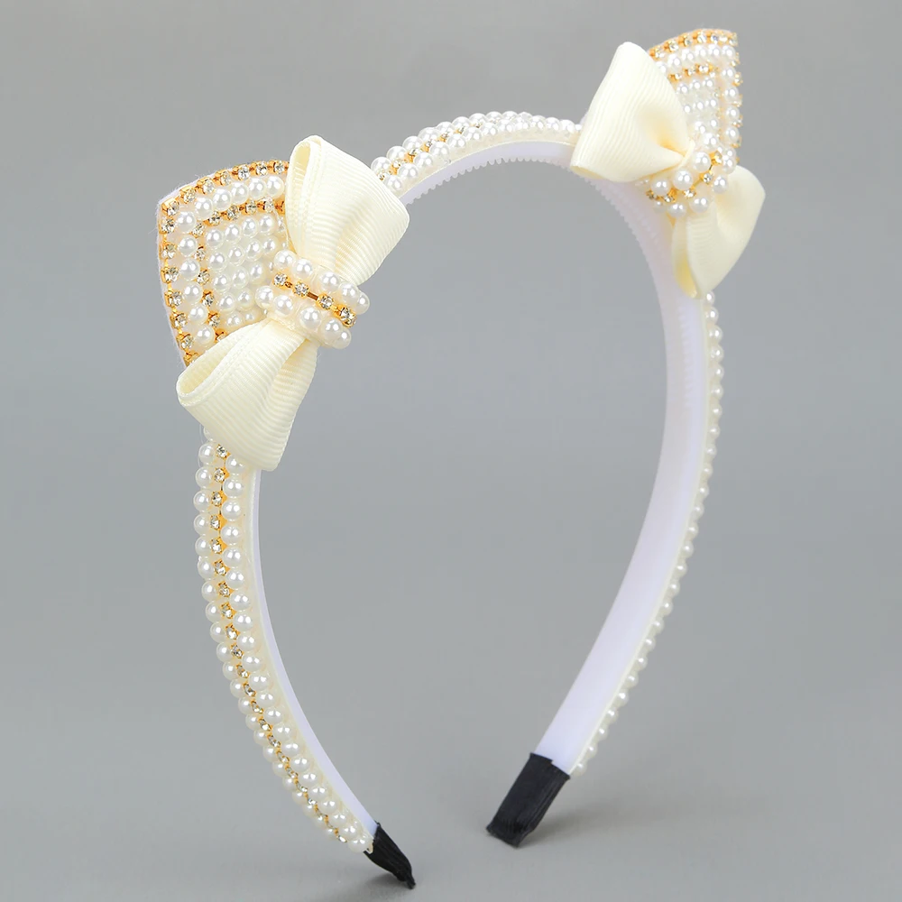Cat Ear Headbands Sweet Cute Ears Elegant Pearl Bow Hairband For Girls Sweet Head Band Children Kid Hair Hoop Accessories Tiara