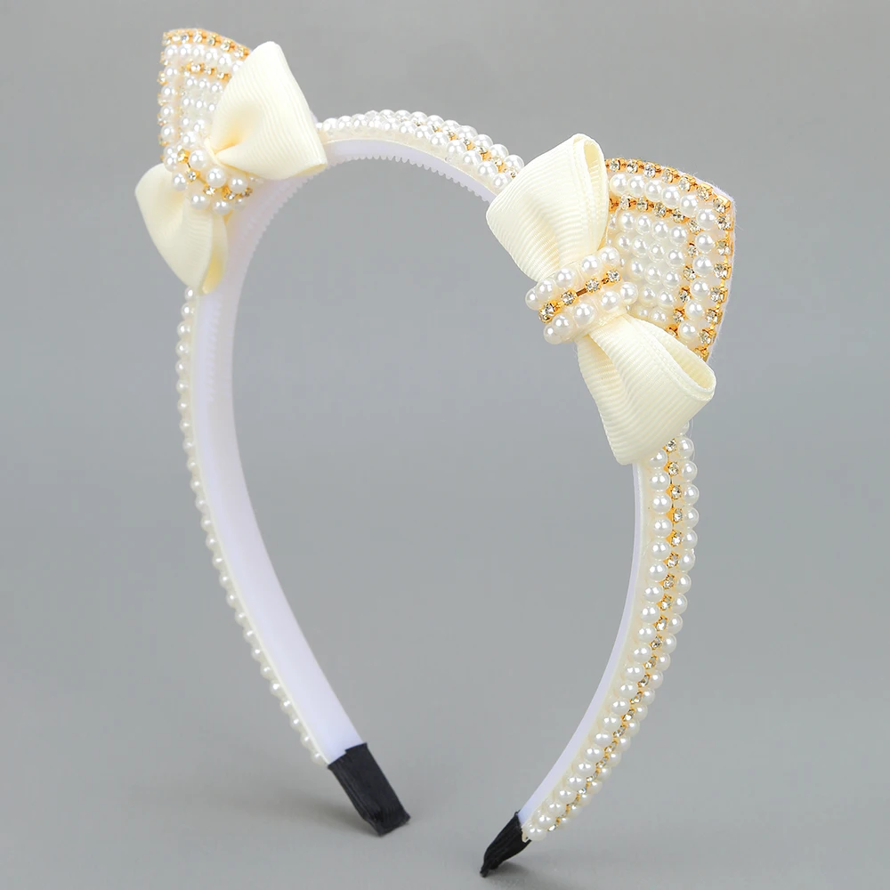Cat Ear Headbands Sweet Cute Ears Elegant Pearl Bow Hairband For Girls Sweet Head Band Children Kid Hair Hoop Accessories Tiara