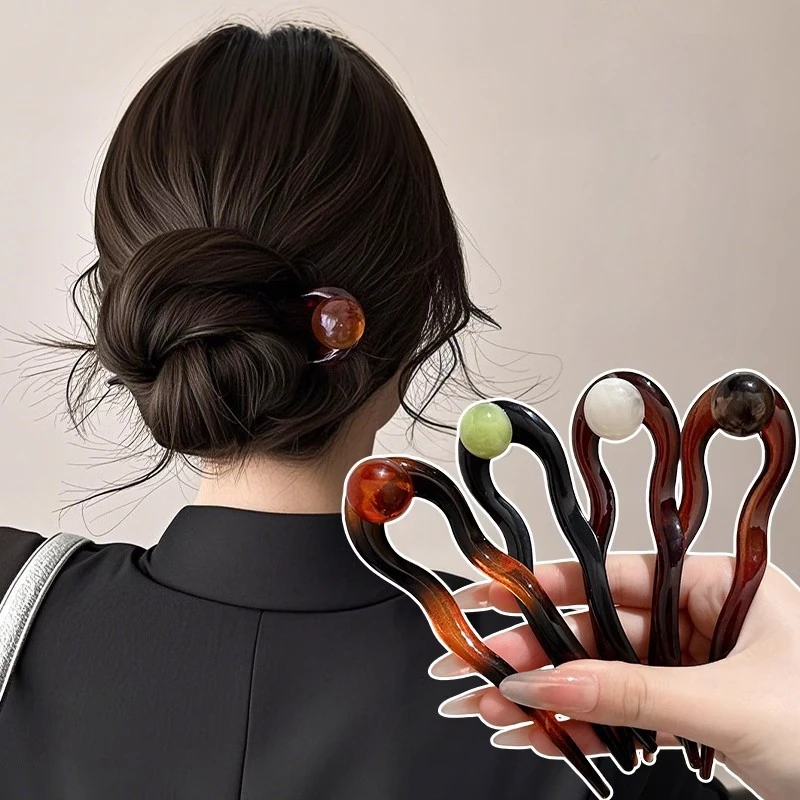 New Chinese Style Retro Wave Round Bead U-shaped Hairpin for Women 2025 New Style Bun Head Dished Hair Accessories