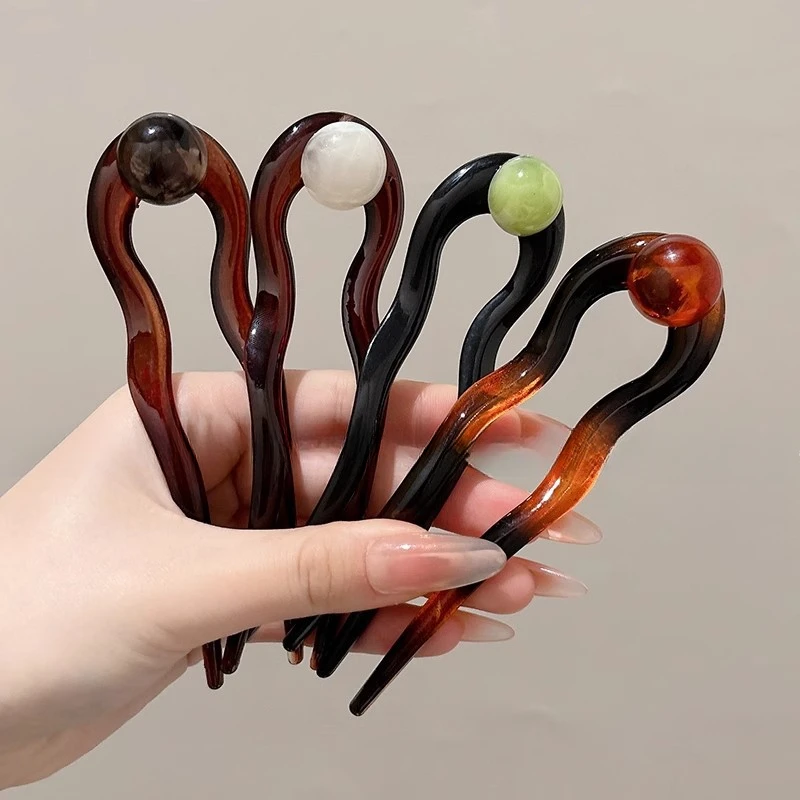 New Chinese Style Retro Wave Round Bead U-shaped Hairpin for Women 2025 New Style Bun Head Dished Hair Accessories