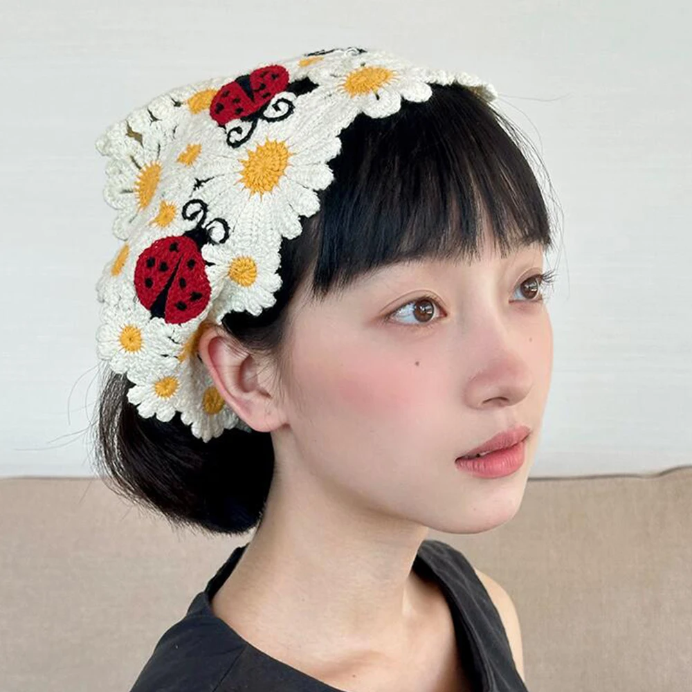 Korean Sweet Cute Handmade Crochet Hollow Triangle Headband Towel Women Spring and Summer Knitted Flower Travel Photo Hair Scarf