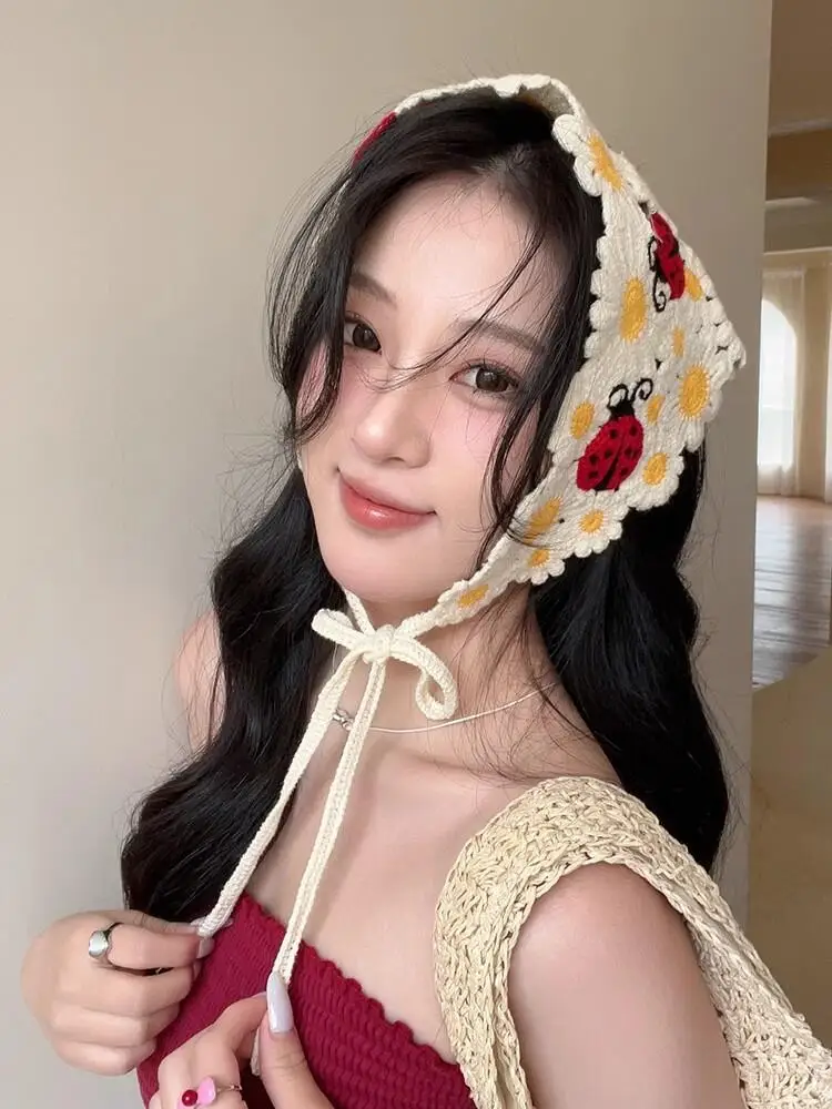 Korean Sweet Cute Handmade Crochet Hollow Triangle Headband Towel Women Spring and Summer Knitted Flower Travel Photo Hair Scarf