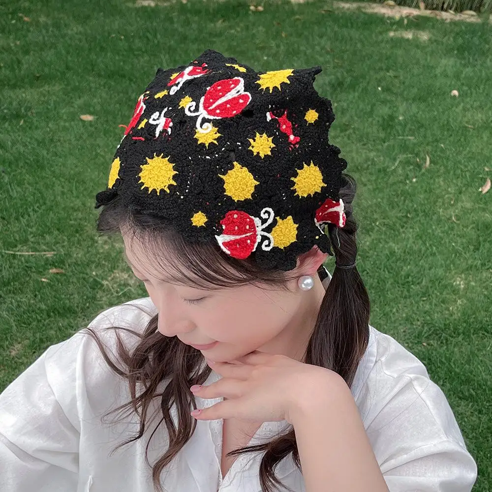 Korean Sweet Cute Handmade Crochet Hollow Triangle Headband Towel Women Spring and Summer Knitted Flower Travel Photo Hair Scarf