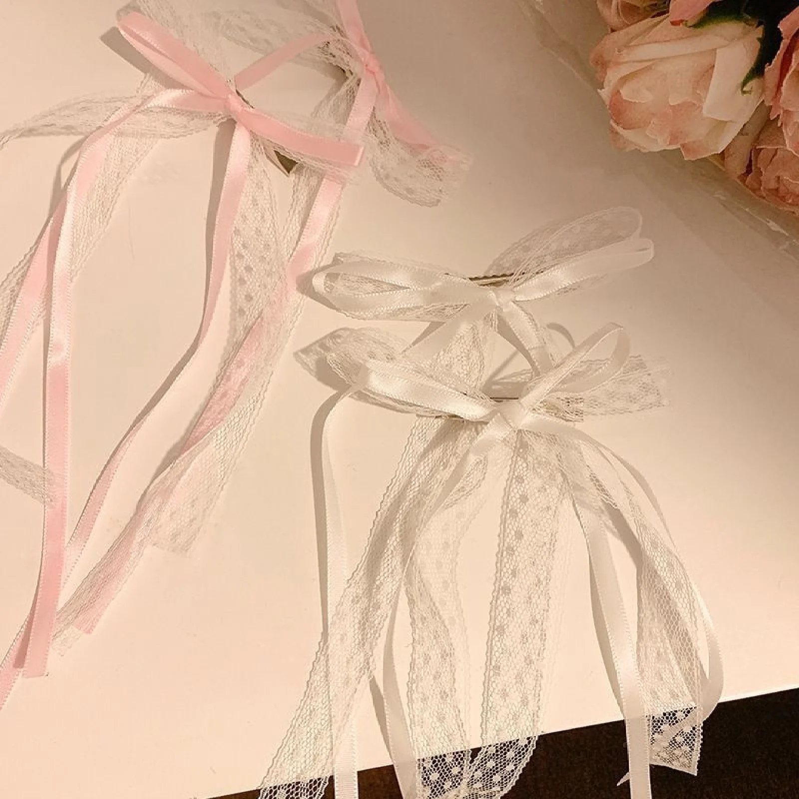 2PCS White, Lace, Ribbon, Hair Tie, Bow, Hair Clip, Female, Premium, Headpiece, Clips, Hair Accessories, Hair Cards