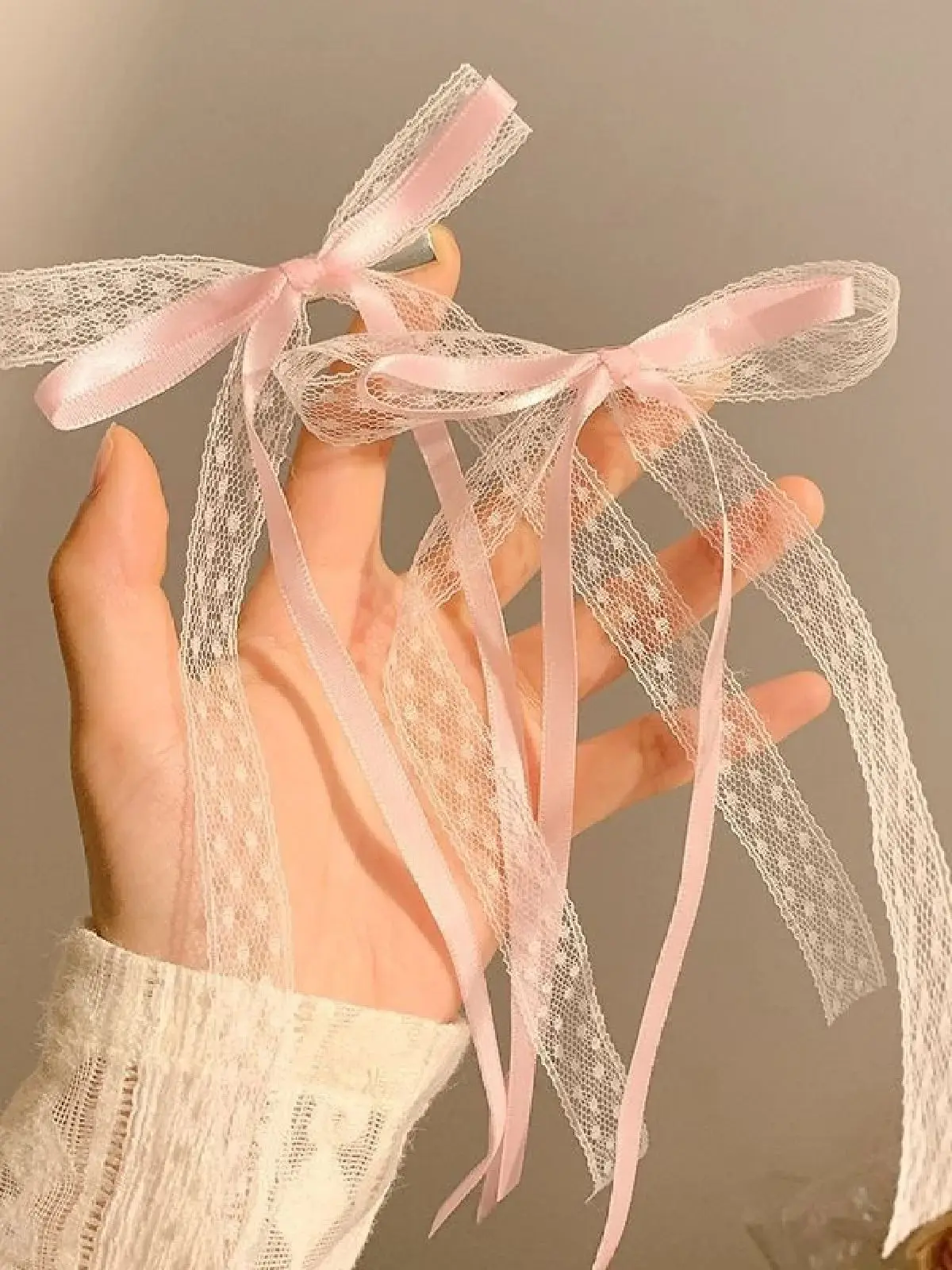 2PCS White, Lace, Ribbon, Hair Tie, Bow, Hair Clip, Female, Premium, Headpiece, Clips, Hair Accessories, Hair Cards