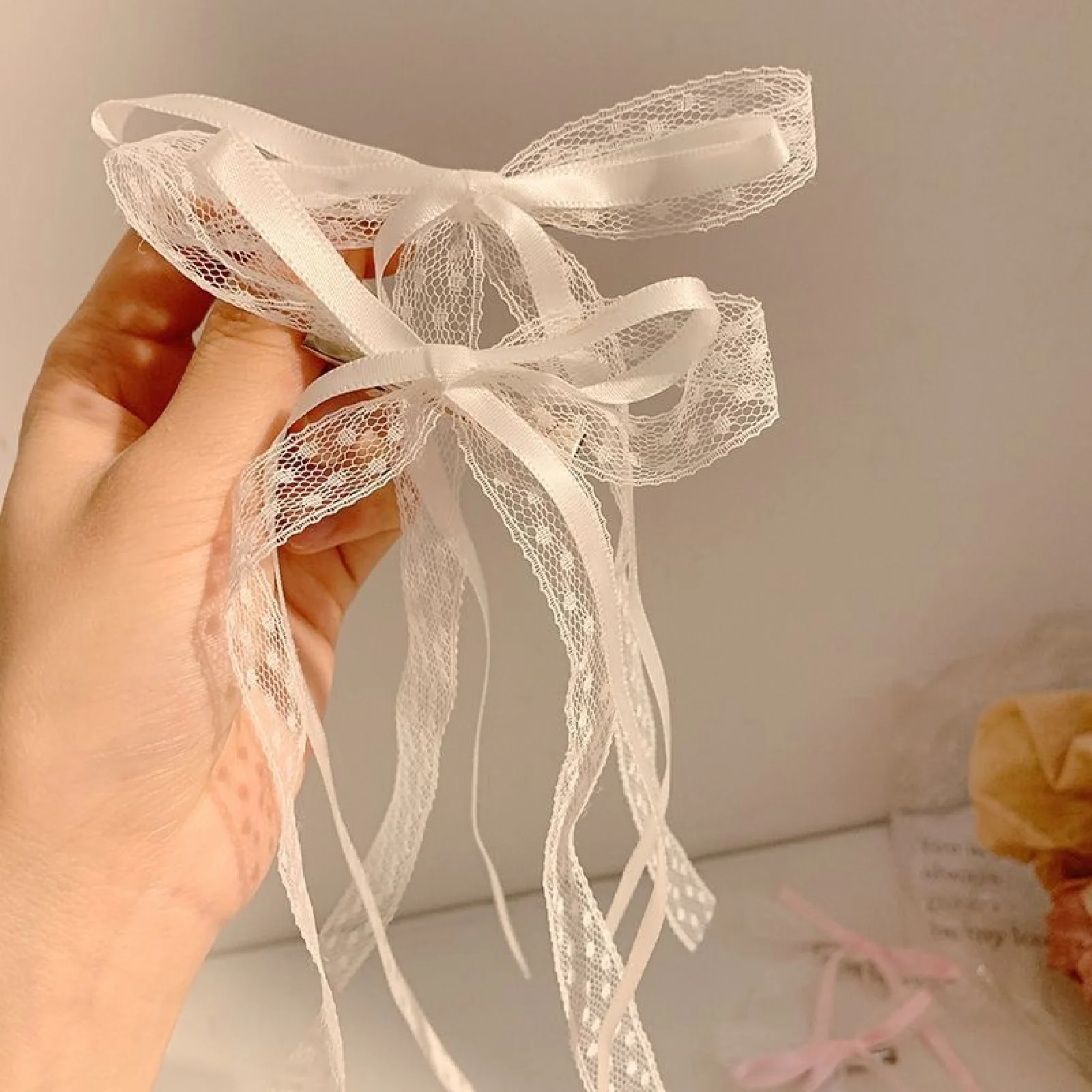 2PCS White, Lace, Ribbon, Hair Tie, Bow, Hair Clip, Female, Premium, Headpiece, Clips, Hair Accessories, Hair Cards