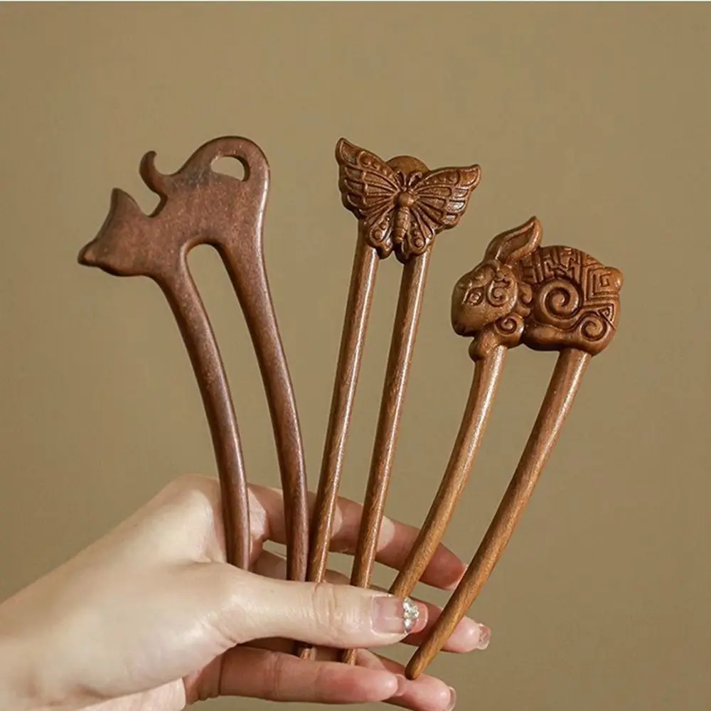 Exquisite Wood Wooden Hair Stick Cat Animals Chinese Style Hairpin Rabbit Hair Sticks for Buns Hanfu Headwear Cheongsam