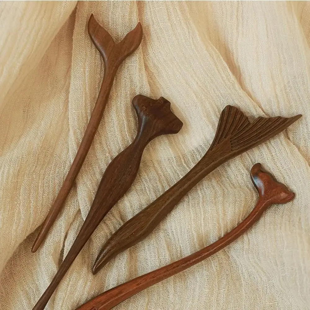 Exquisite Wood Wooden Hair Stick Cat Animals Chinese Style Hairpin Rabbit Hair Sticks for Buns Hanfu Headwear Cheongsam