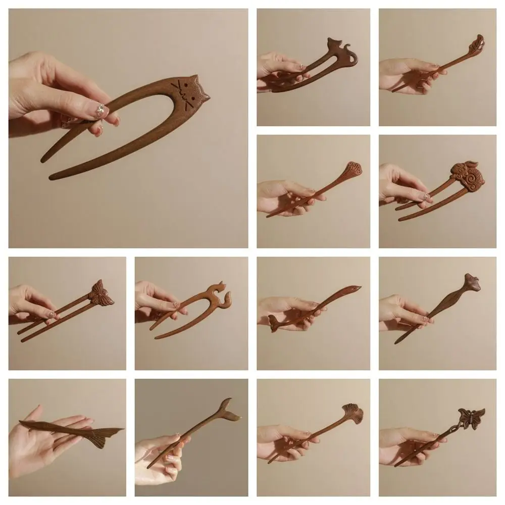 Exquisite Wood Wooden Hair Stick Cat Animals Chinese Style Hairpin Rabbit Hair Sticks for Buns Hanfu Headwear Cheongsam