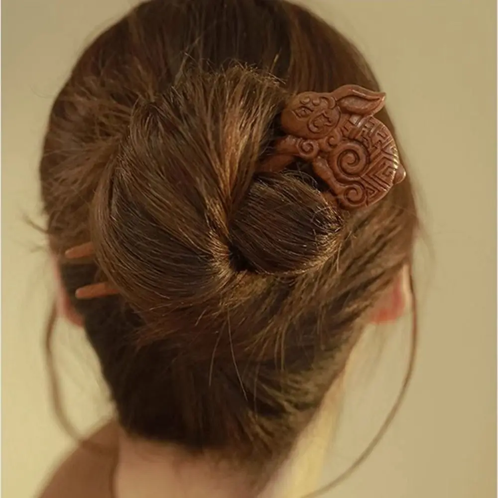 Exquisite Wood Wooden Hair Stick Cat Animals Chinese Style Hairpin Rabbit Hair Sticks for Buns Hanfu Headwear Cheongsam