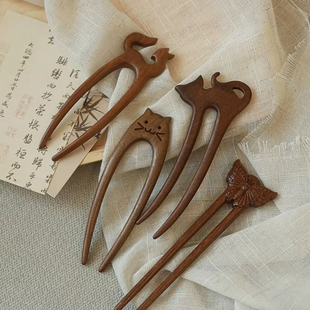 Exquisite Wood Wooden Hair Stick Cat Animals Chinese Style Hairpin Rabbit Hair Sticks for Buns Hanfu Headwear Cheongsam