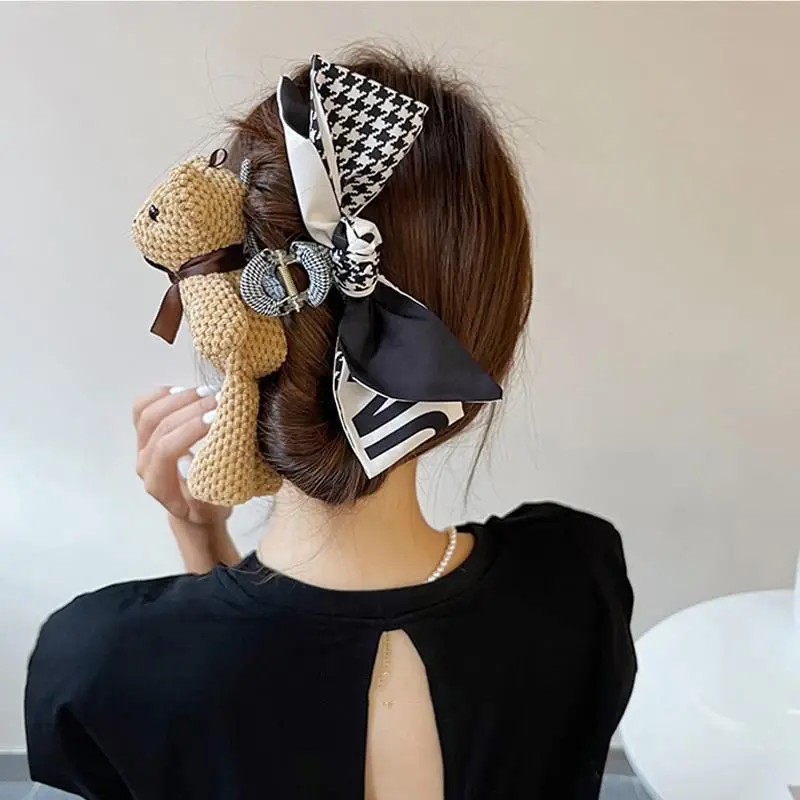 1pc Korean Cute Bear Hairpin Female Autumn/Winter Back of Head Sweet Grip Shark Clip Large Bow Clip Headpiece