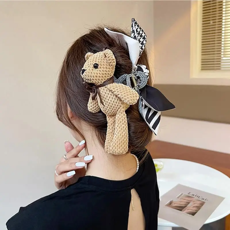 1pc Korean Cute Bear Hairpin Female Autumn/Winter Back of Head Sweet Grip Shark Clip Large Bow Clip Headpiece
