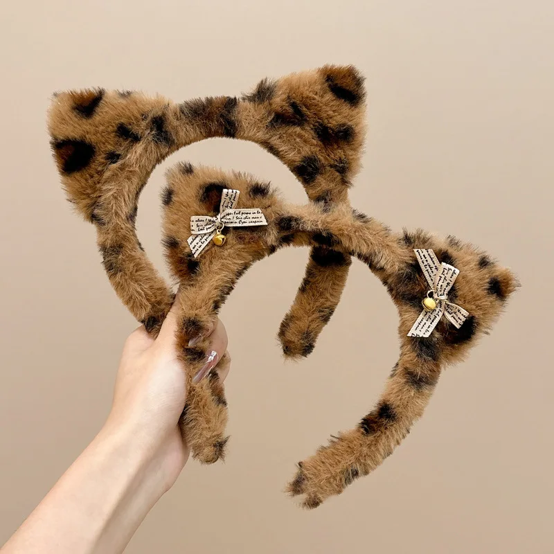 Cute Cat Ears Hairband Women Girl Cosplay Leopard Hair Hoop Winter Soft Wool Headband Party Hair Bands Face Wash Makeup Headwear