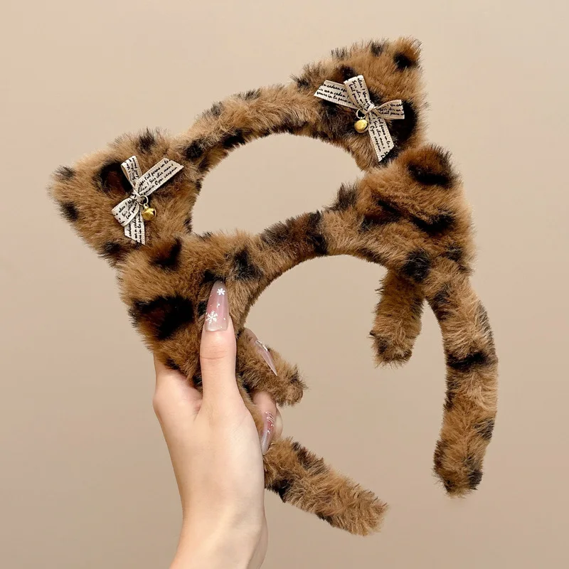 Cute Cat Ears Hairband Women Girl Cosplay Leopard Hair Hoop Winter Soft Wool Headband Party Hair Bands Face Wash Makeup Headwear