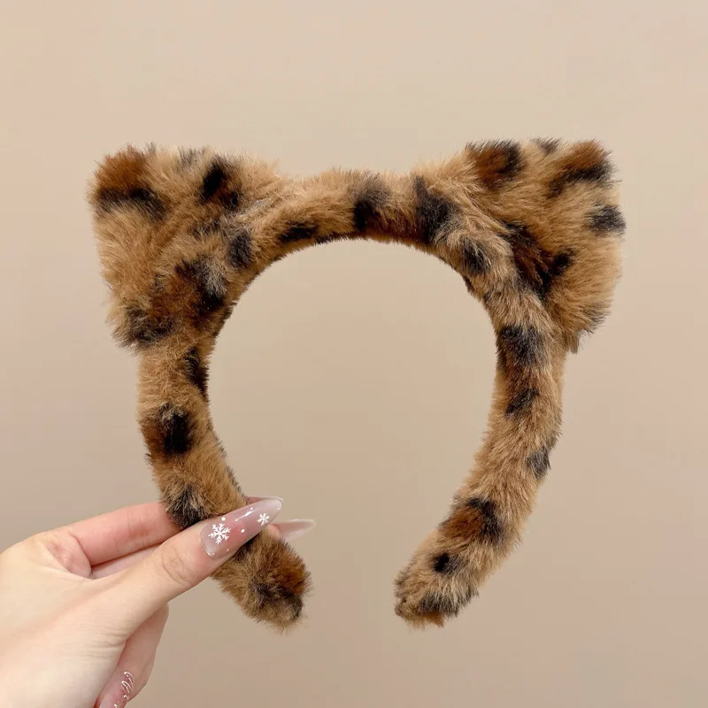 Cute Cat Ears Hairband Women Girl Cosplay Leopard Hair Hoop Winter Soft Wool Headband Party Hair Bands Face Wash Makeup Headwear