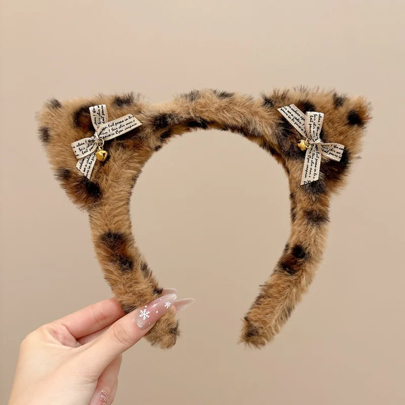 Cute Cat Ears Hairband Women Girl Cosplay Leopard Hair Hoop Winter Soft Wool Headband Party Hair Bands Face Wash Makeup Headwear