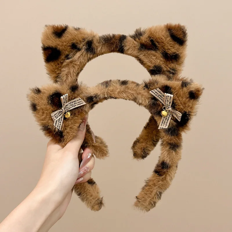 Cute Cat Ears Hairband Women Girl Cosplay Leopard Hair Hoop Winter Soft Wool Headband Party Hair Bands Face Wash Makeup Headwear