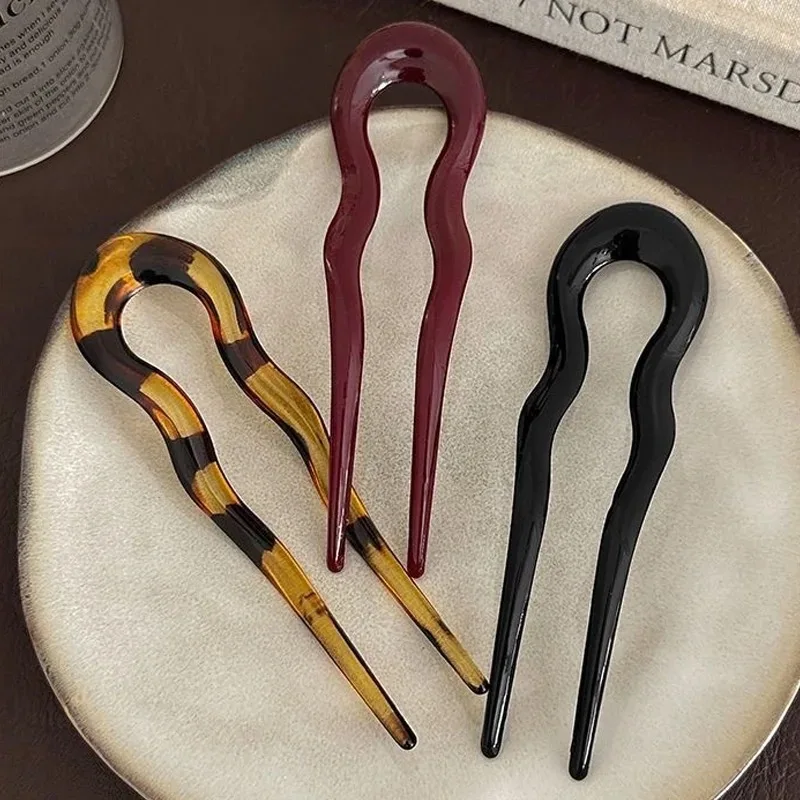 U-Shaped French Twist Hair Stick Hair Clip Plastic Wavy Hairpins Vintage Green Tortoise Women Hair Sticks Headwear Accessories
