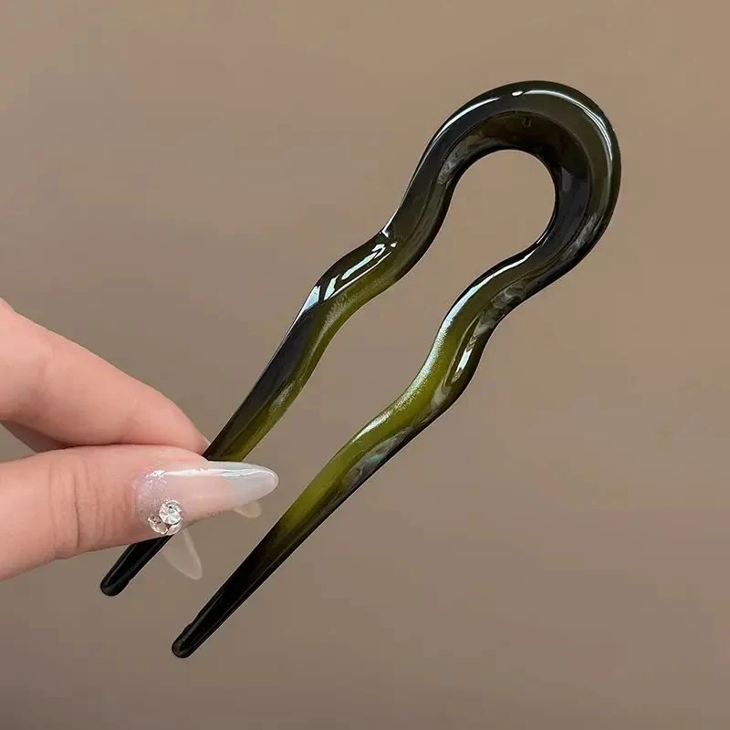 U-Shaped French Twist Hair Stick Hair Clip Plastic Wavy Hairpins Vintage Green Tortoise Women Hair Sticks Headwear Accessories