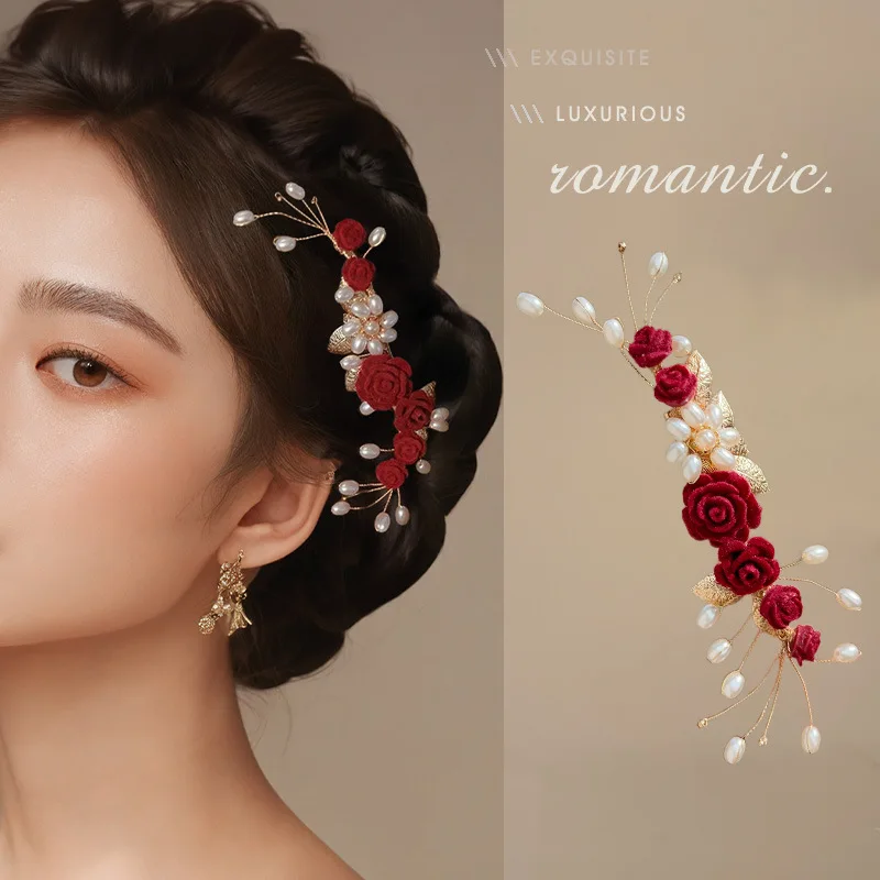 Vintage Silk Flower Hairpin For Girls Red Flower Pearl Hair Clip New Year Lucky Jewelry Hair Accessories Gift For Little Girls