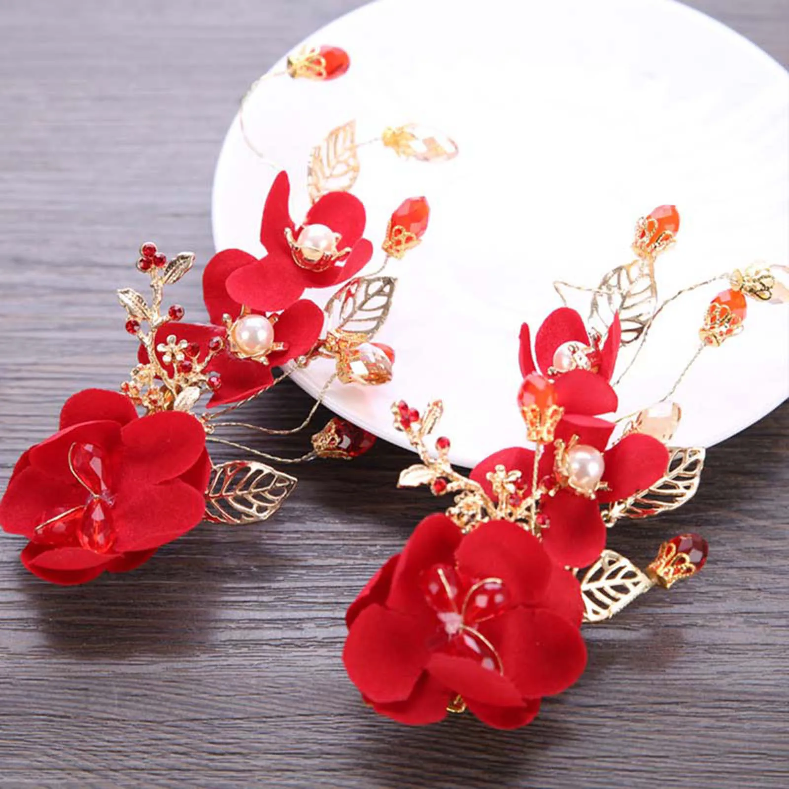 Vintage Silk Flower Hairpin For Girls Red Flower Pearl Hair Clip New Year Lucky Jewelry Hair Accessories Gift For Little Girls
