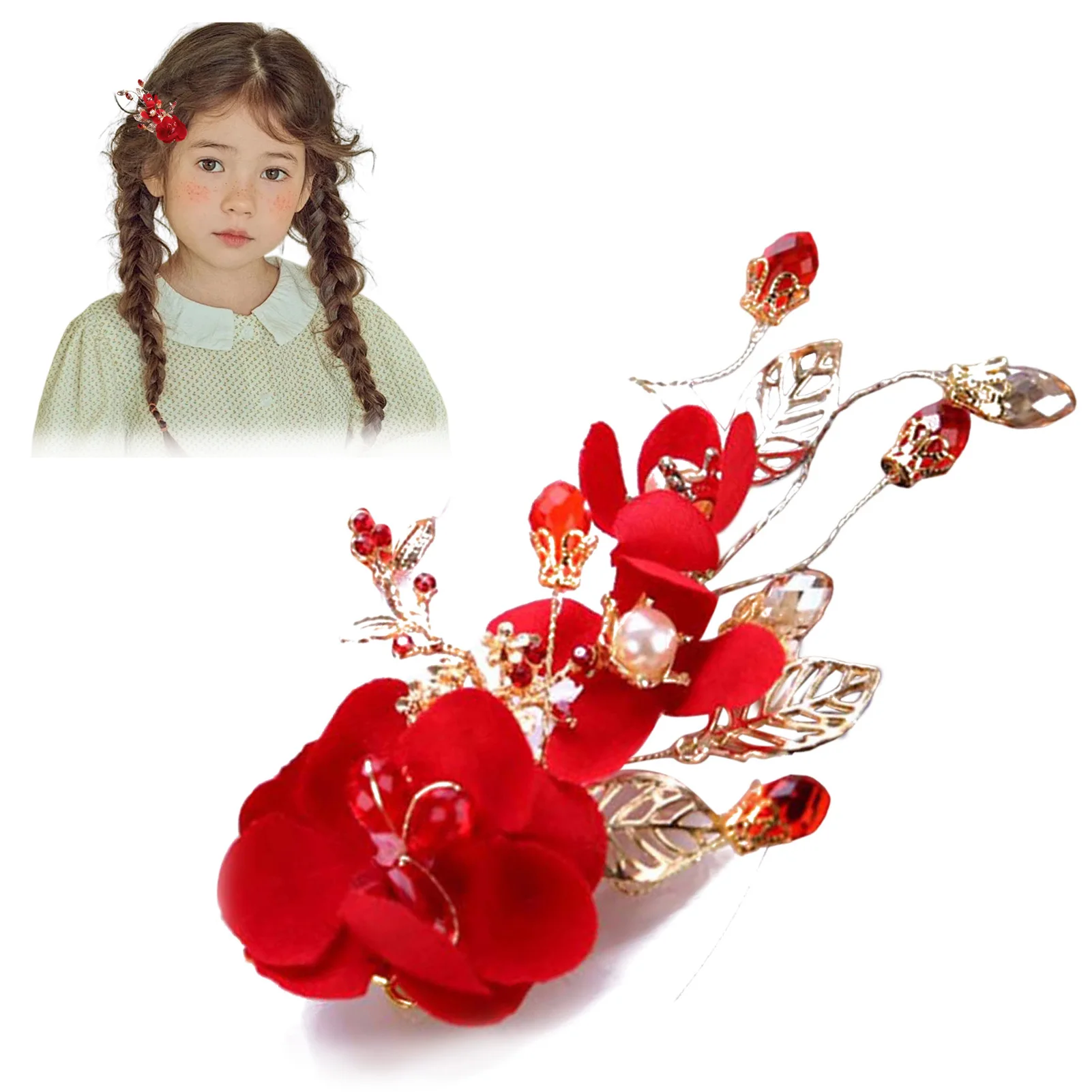 Vintage Silk Flower Hairpin For Girls Red Flower Pearl Hair Clip New Year Lucky Jewelry Hair Accessories Gift For Little Girls