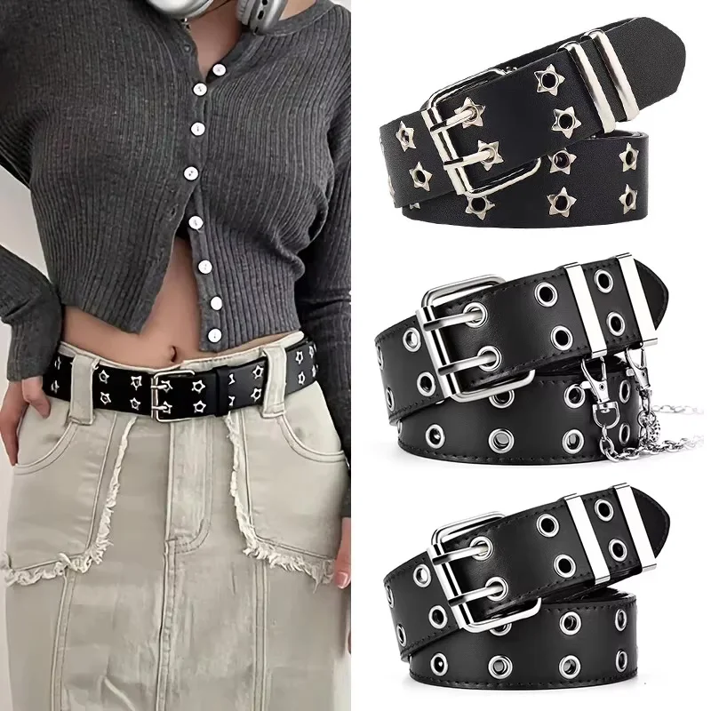 110cm Unisex Men Belts For Women High Quality Double Hole Star Eyelet Hip Hop Rock Style Subculture Y2K Belt Punch Free Size