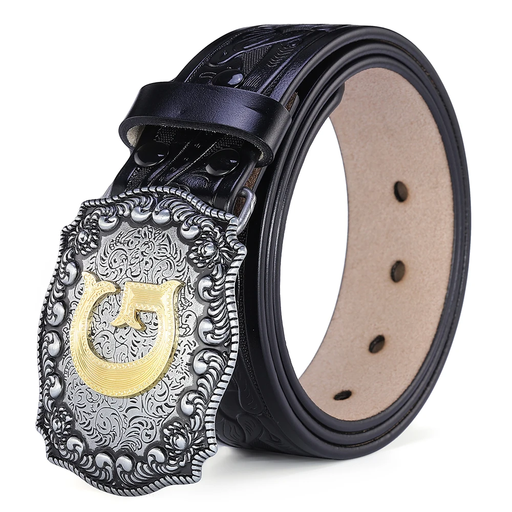 Western Belt Men Genuine Leather Belts for Men Women Cowboy Cowgirl Big Letters Buckle Gold Male Belts Long Black Brown Quality