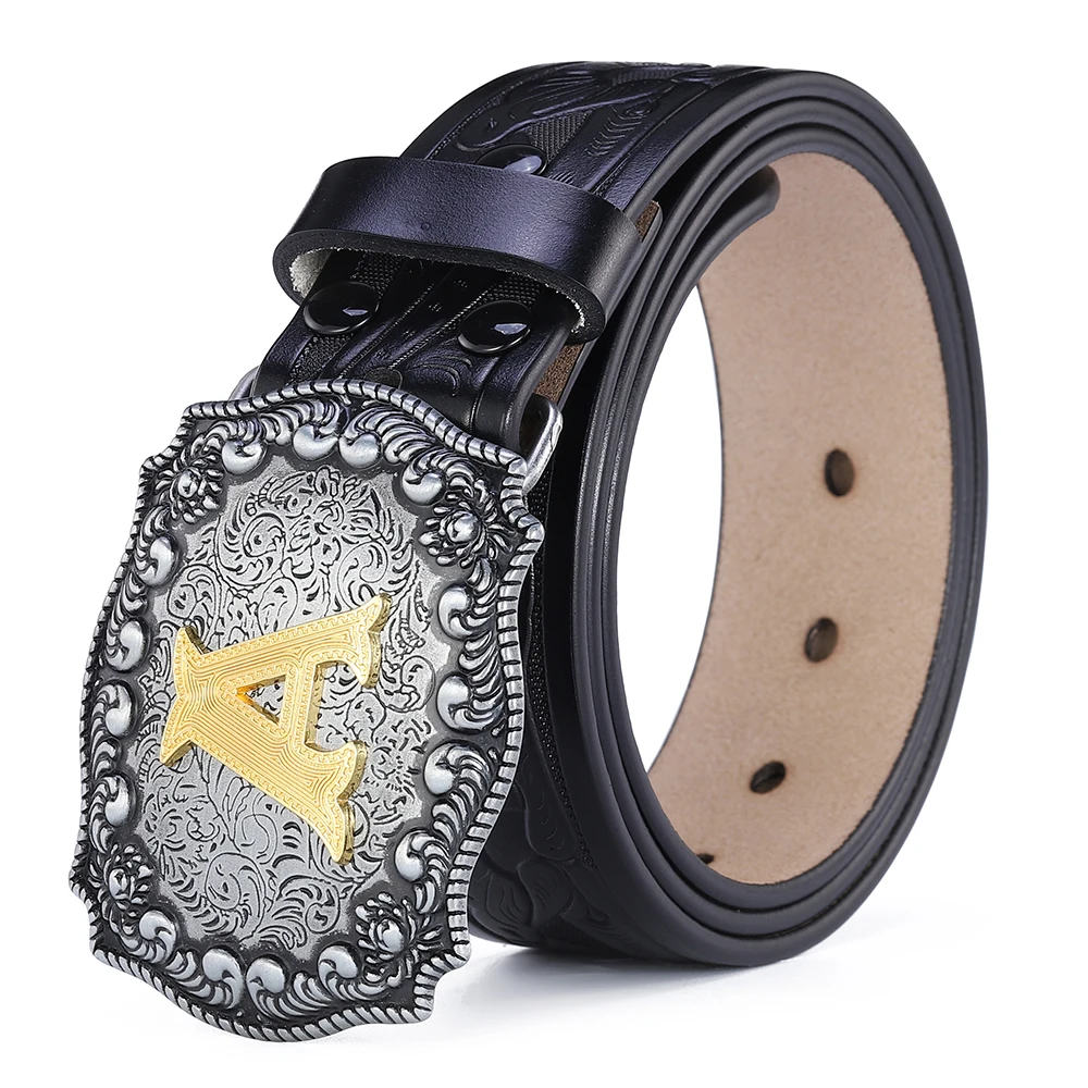 Western Belt Men Genuine Leather Belts for Men Women Cowboy Cowgirl Big Letters Buckle Gold Male Belts Long Black Brown Quality