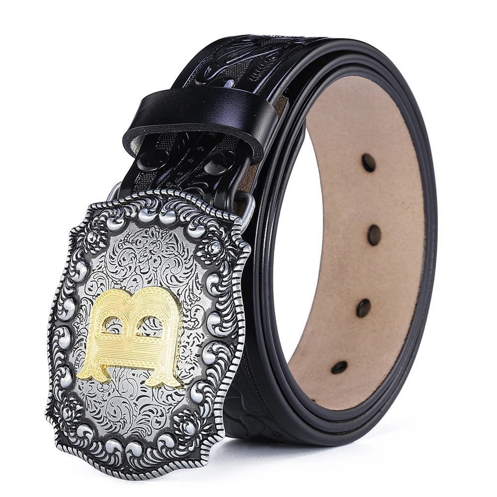Western Belt Men Genuine Leather Belts for Men Women Cowboy Cowgirl Big Letters Buckle Gold Male Belts Long Black Brown Quality