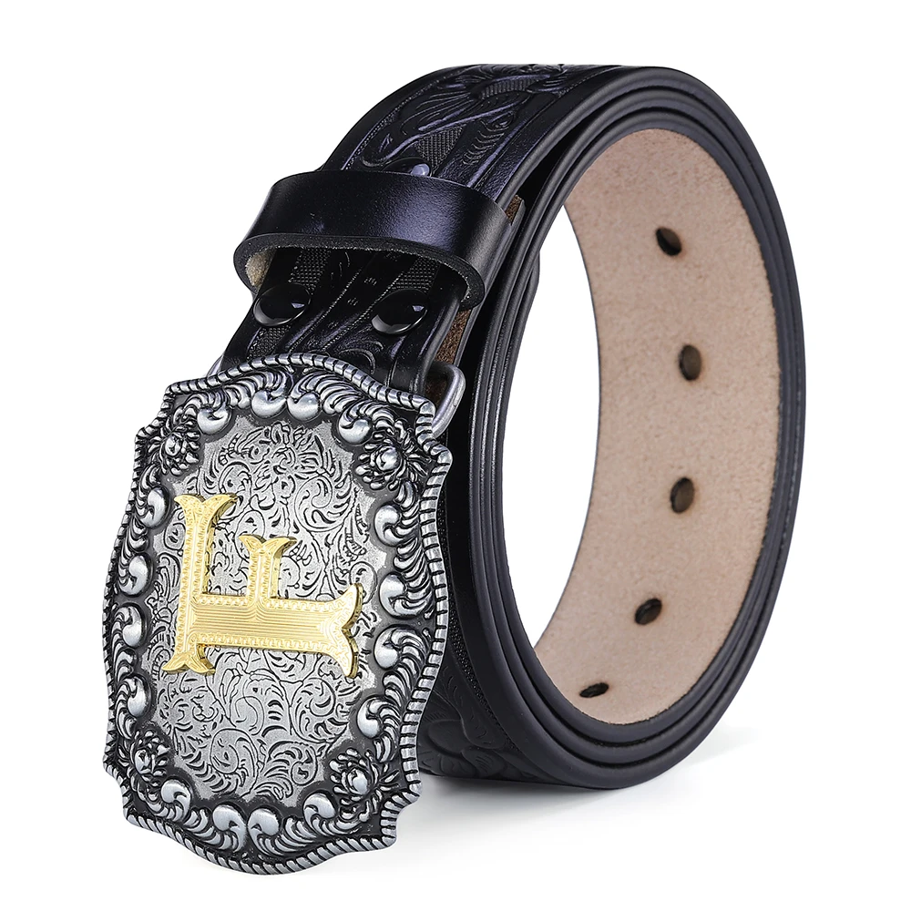 Western Belt Men Genuine Leather Belts for Men Women Cowboy Cowgirl Big Letters Buckle Gold Male Belts Long Black Brown Quality