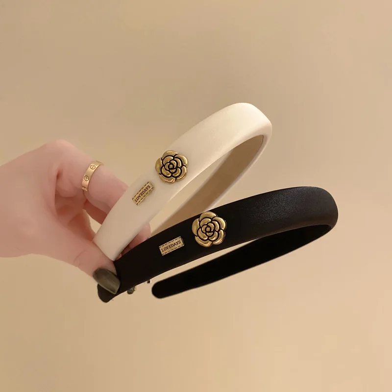 New Small Fragrant Wind Camellia Headband for Women Elegant Fashion Girl Retro Sponge Hair Band