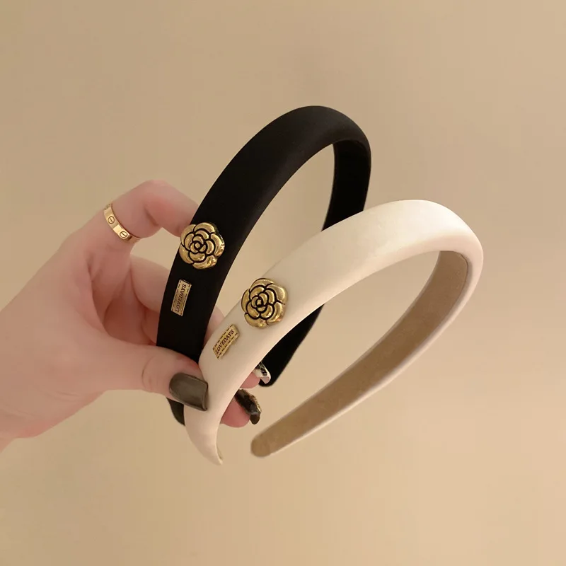 New Small Fragrant Wind Camellia Headband for Women Elegant Fashion Girl Retro Sponge Hair Band
