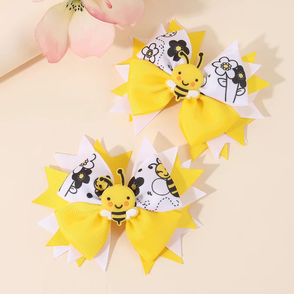 2Pcs Cartoon Floral Print Bow Hairpin Elegant Soft Gel Bee Hair Clip Back To School For Baby Girl Children Accessories Headdress