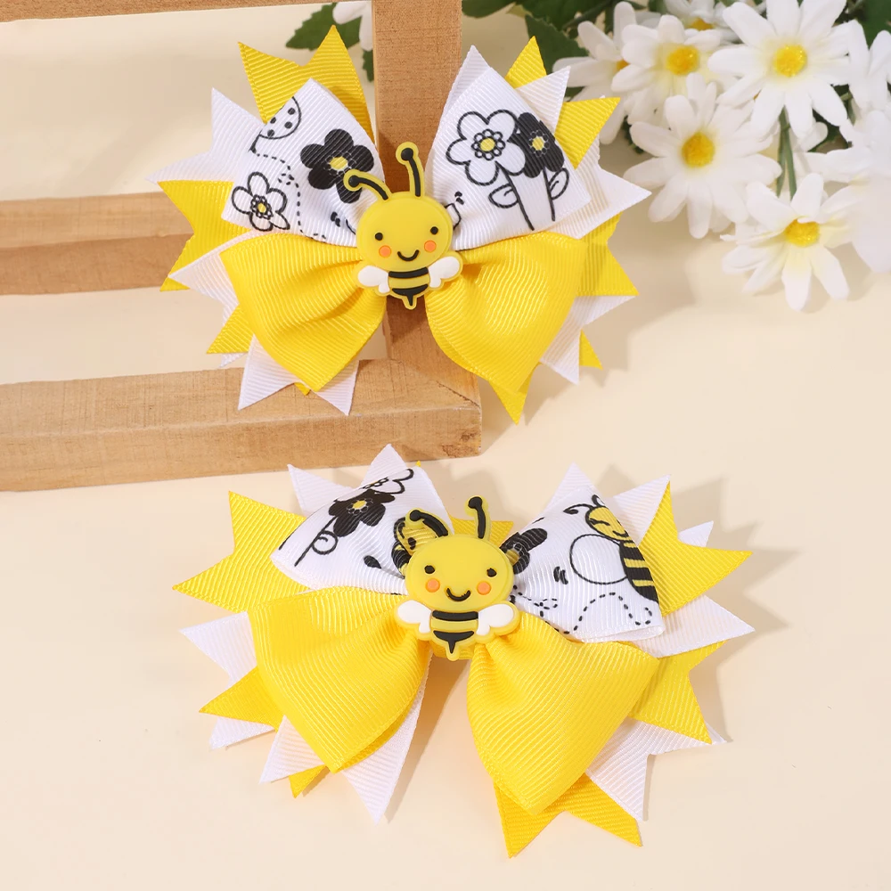 2Pcs Cartoon Floral Print Bow Hairpin Elegant Soft Gel Bee Hair Clip Back To School For Baby Girl Children Accessories Headdress