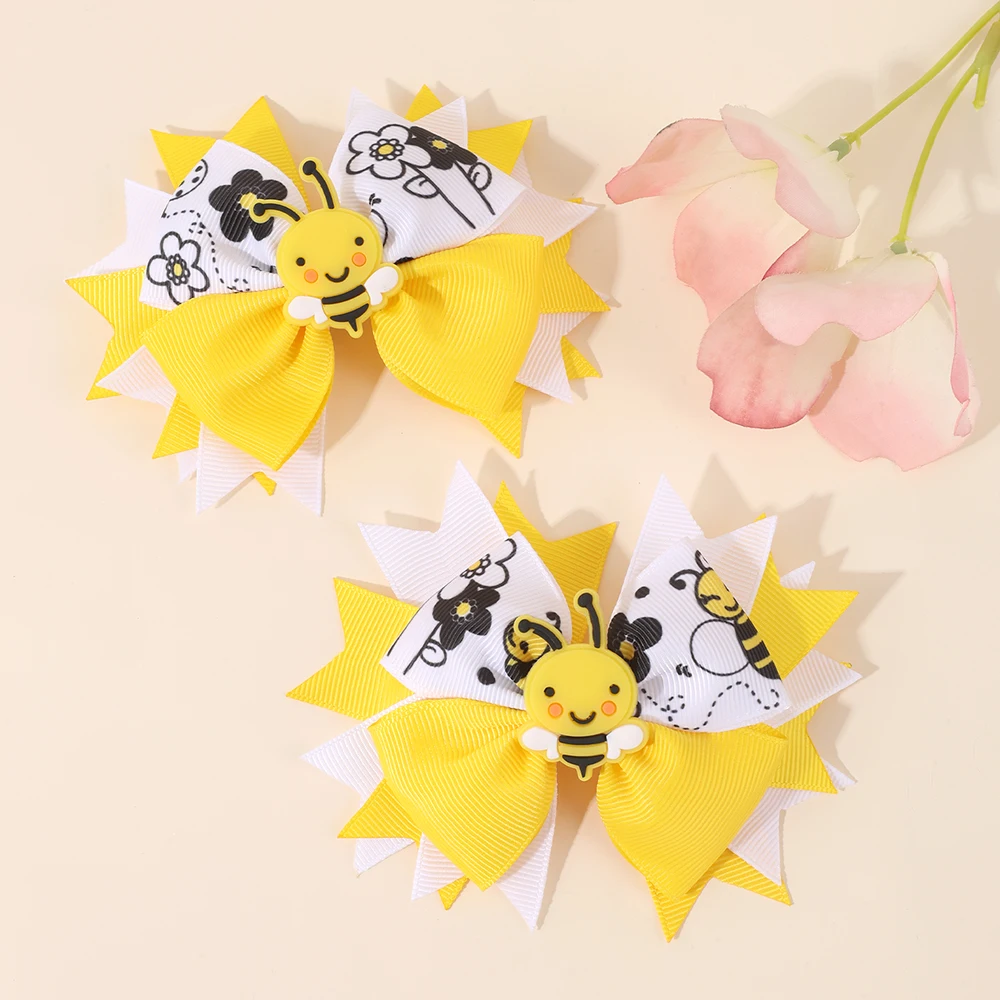2Pcs Cartoon Floral Print Bow Hairpin Elegant Soft Gel Bee Hair Clip Back To School For Baby Girl Children Accessories Headdress