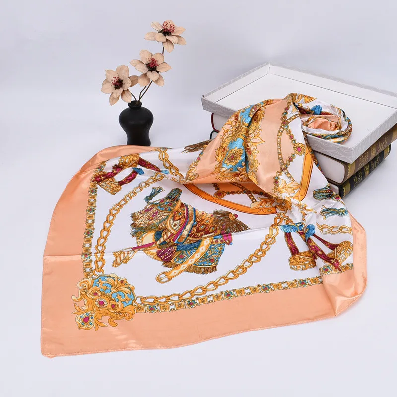 Luxury Silk Shawl Square Scarf Women Print Headband Foulard Satin Hijab Hair Bands Neckerchief Female Head Wraps Bandana 90cm
