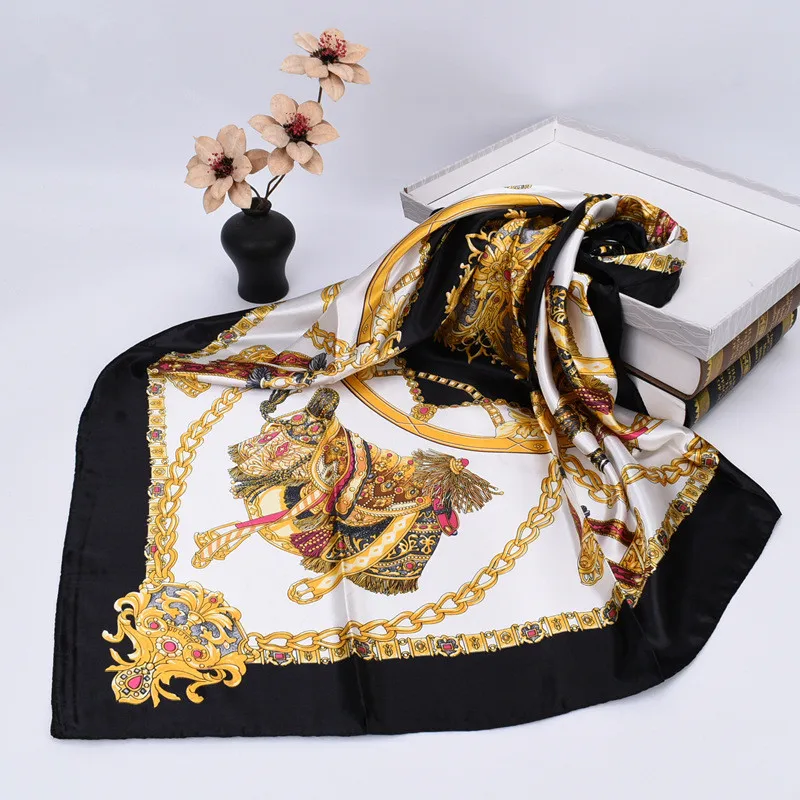 Luxury Silk Shawl Square Scarf Women Print Headband Foulard Satin Hijab Hair Bands Neckerchief Female Head Wraps Bandana 90cm