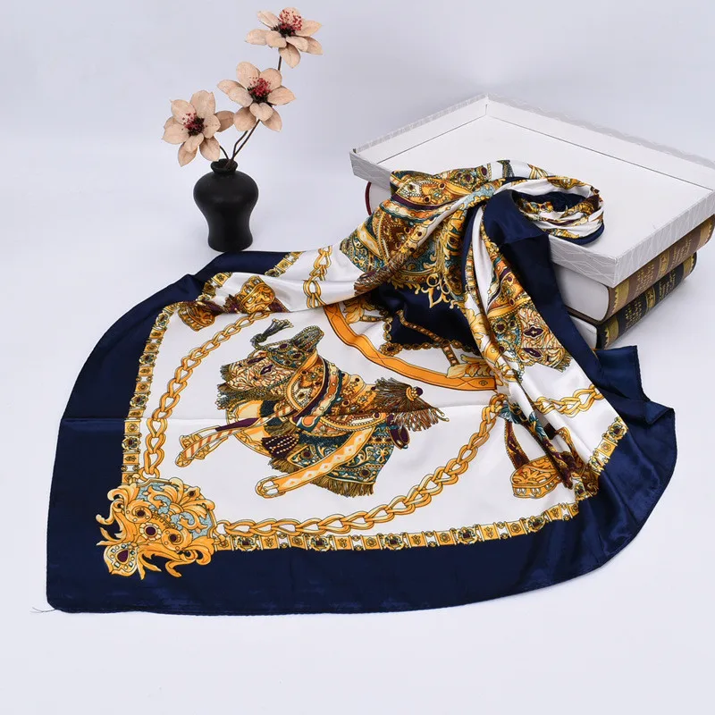 Luxury Silk Shawl Square Scarf Women Print Headband Foulard Satin Hijab Hair Bands Neckerchief Female Head Wraps Bandana 90cm