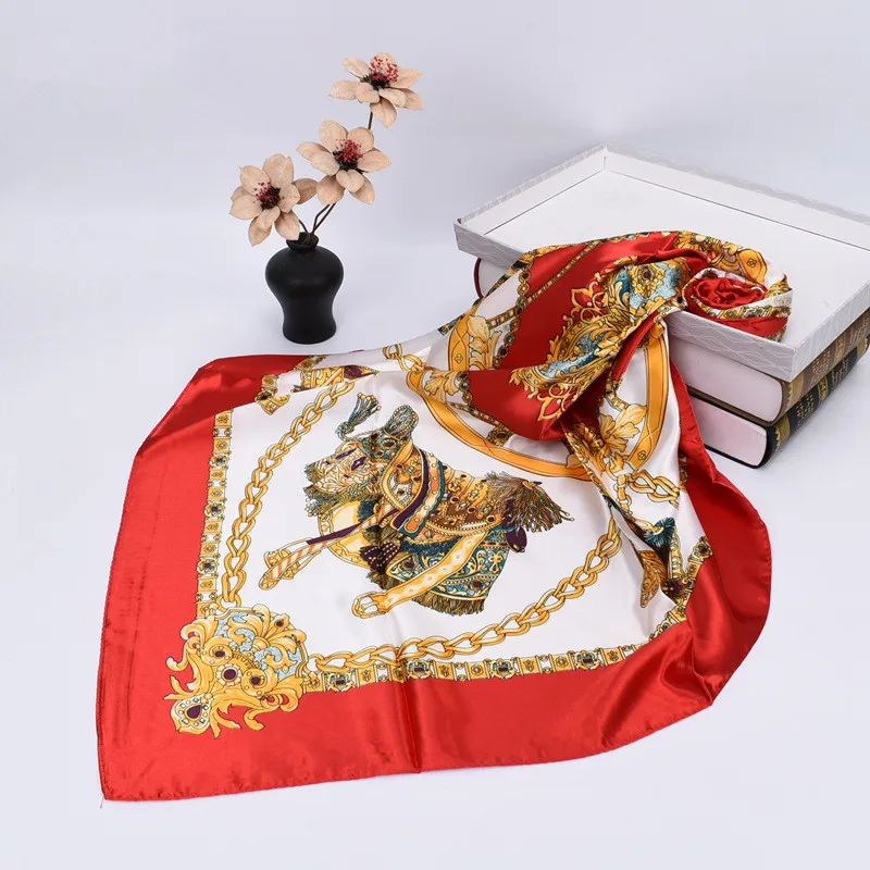 Luxury Silk Shawl Square Scarf Women Print Headband Foulard Satin Hijab Hair Bands Neckerchief Female Head Wraps Bandana 90cm