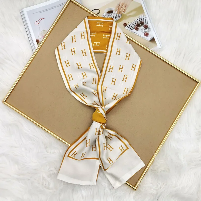 Luxury Design Skinny Silk Scarf Women Fashion Hair Ribbons Headbands Bandana Female Bag Wrist Wrap Neckerchief Foulard Neck Ties
