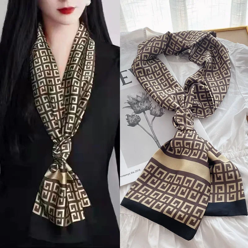 Luxury Design Skinny Silk Scarf Women Fashion Hair Ribbons Headbands Bandana Female Bag Wrist Wrap Neckerchief Foulard Neck Ties
