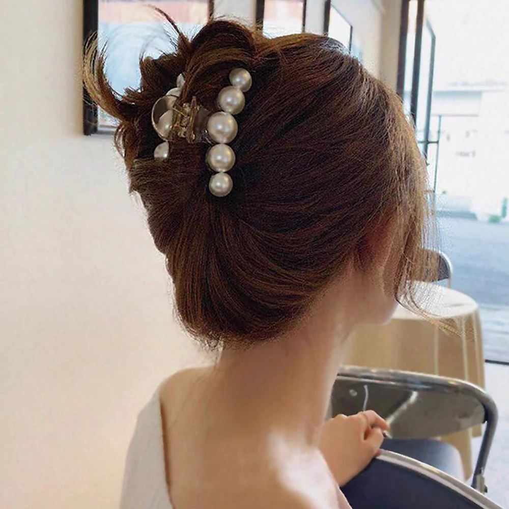 Elegant Pearl Hair Claws 7cm Strong Holder Acrylic Shark Jaw Clamps For Women Girls Fashion Hair Styling Tool Party Headwear