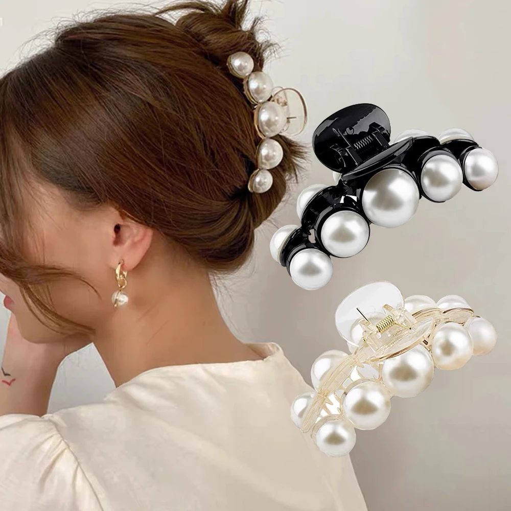 Elegant Pearl Hair Claws 7cm Strong Holder Acrylic Shark Jaw Clamps For Women Girls Fashion Hair Styling Tool Party Headwear