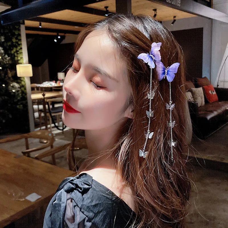 1pair Sweet Purple Butterfly Hairpins Korean Metal Tassel Hair Clips for Women Headwear Side Clip Cute Princess Hair Accessories