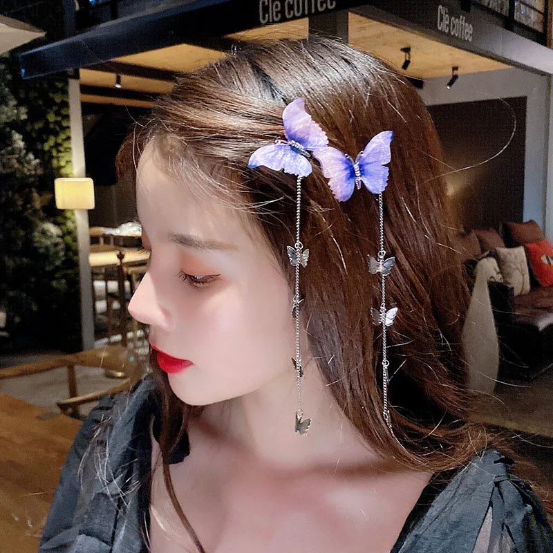 1pair Sweet Purple Butterfly Hairpins Korean Metal Tassel Hair Clips for Women Headwear Side Clip Cute Princess Hair Accessories