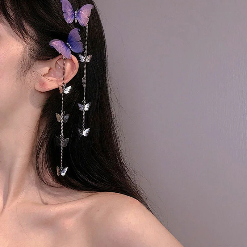 1pair Sweet Purple Butterfly Hairpins Korean Metal Tassel Hair Clips for Women Headwear Side Clip Cute Princess Hair Accessories