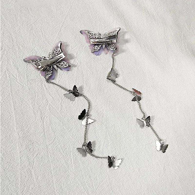 1pair Sweet Purple Butterfly Hairpins Korean Metal Tassel Hair Clips for Women Headwear Side Clip Cute Princess Hair Accessories